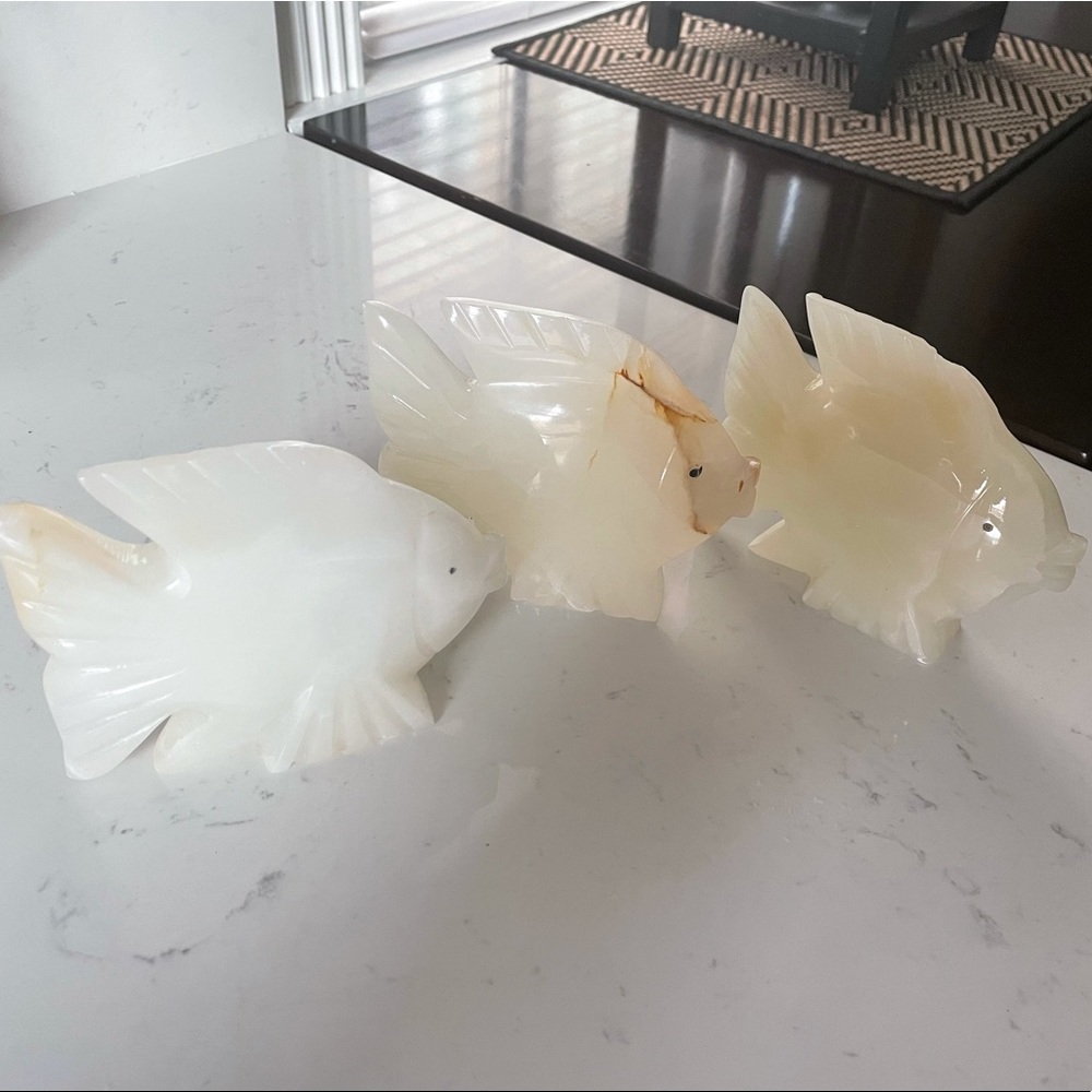 3 marble stone fish figurines